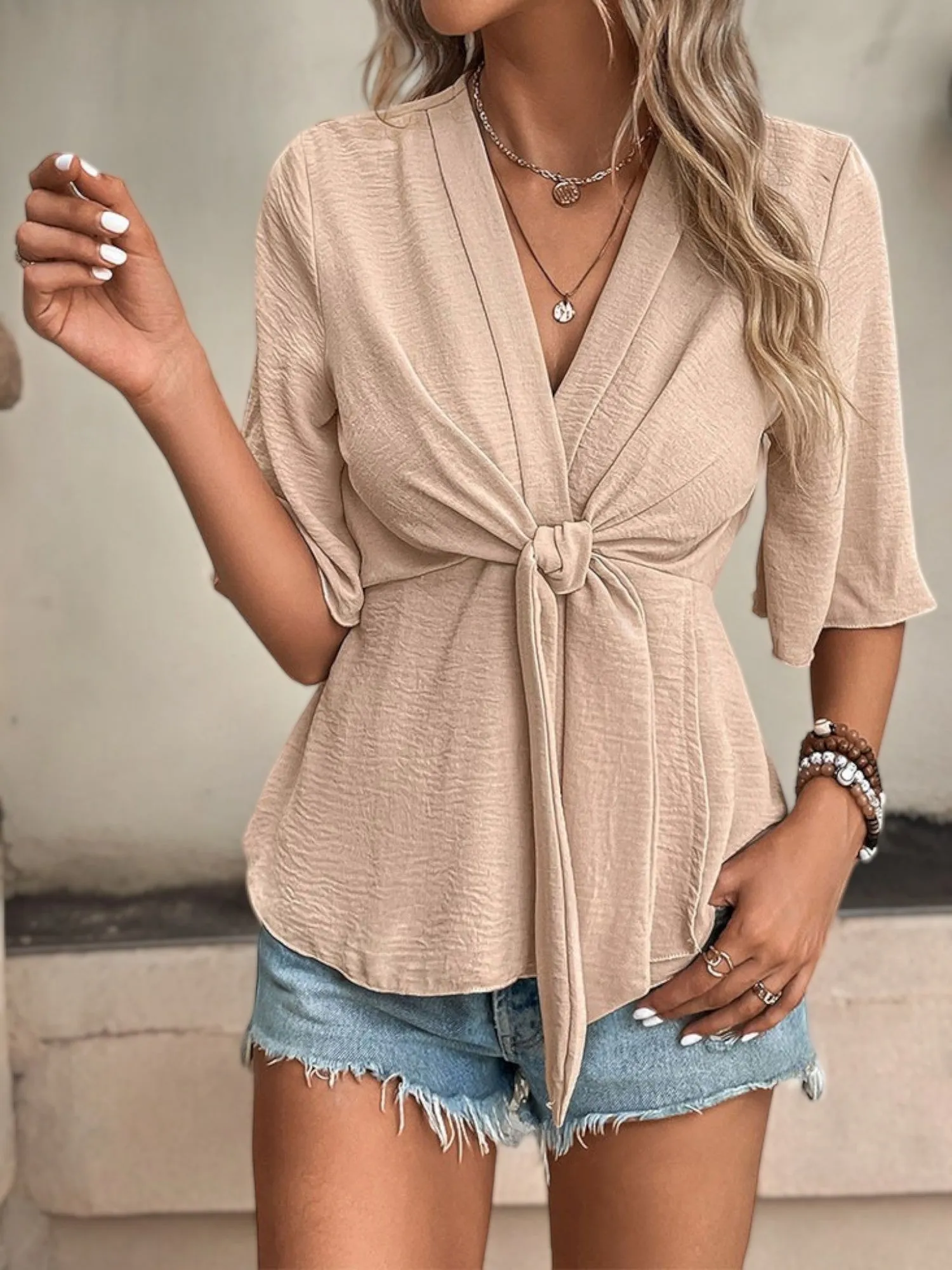 3/4 Sleeve V-Neck Blouse with Front Tie Detail and Flowy Fit