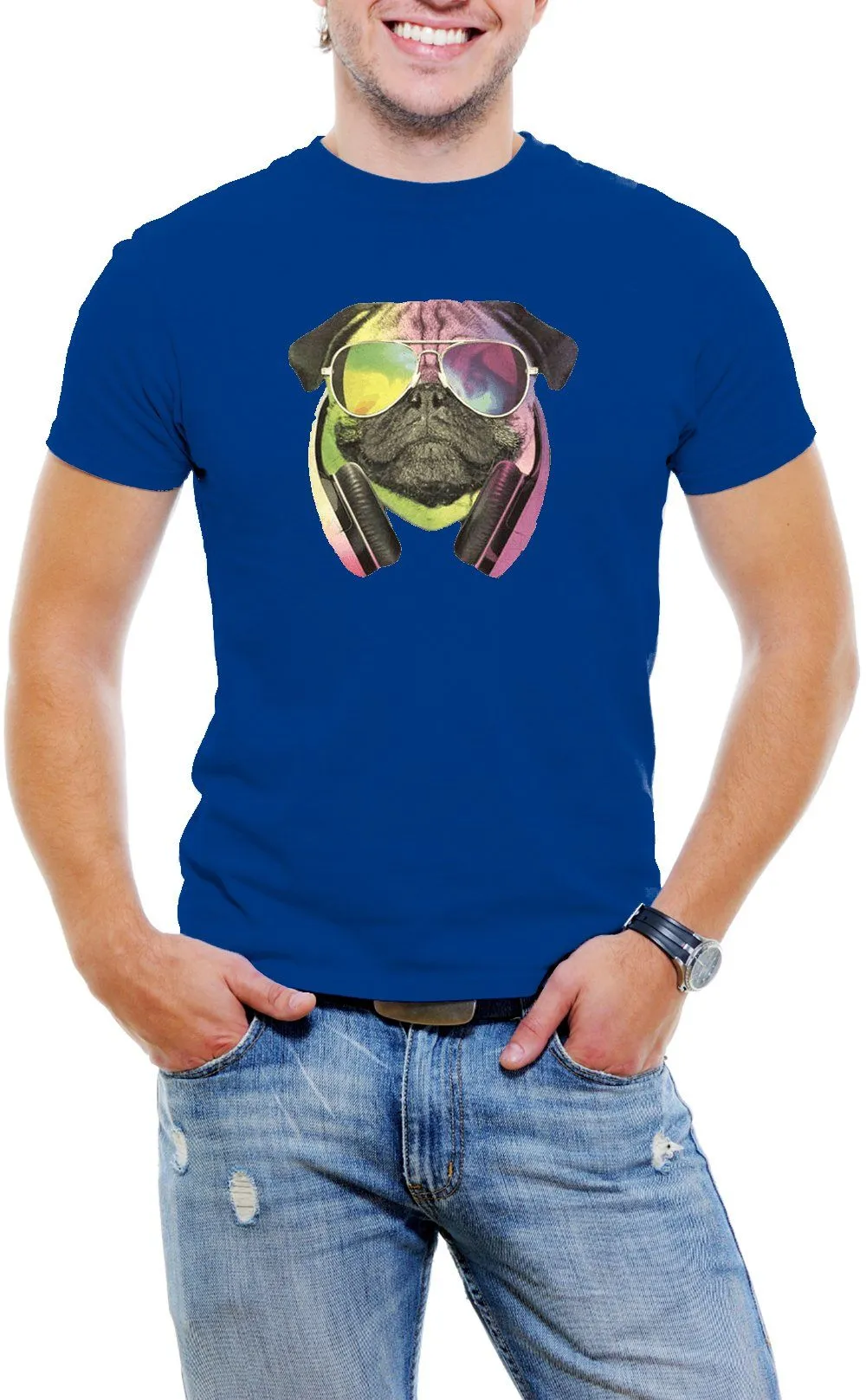 AFONiE Colorful D.J Pug Men T-Shirt Soft Cotton Short Sleeve Tee