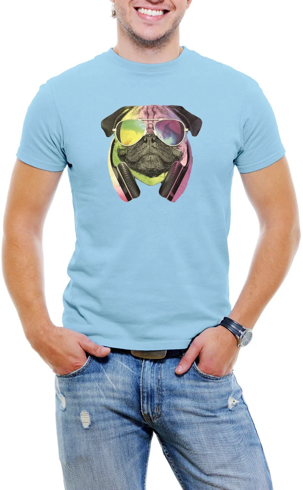 AFONiE Colorful D.J Pug Men T-Shirt Soft Cotton Short Sleeve Tee