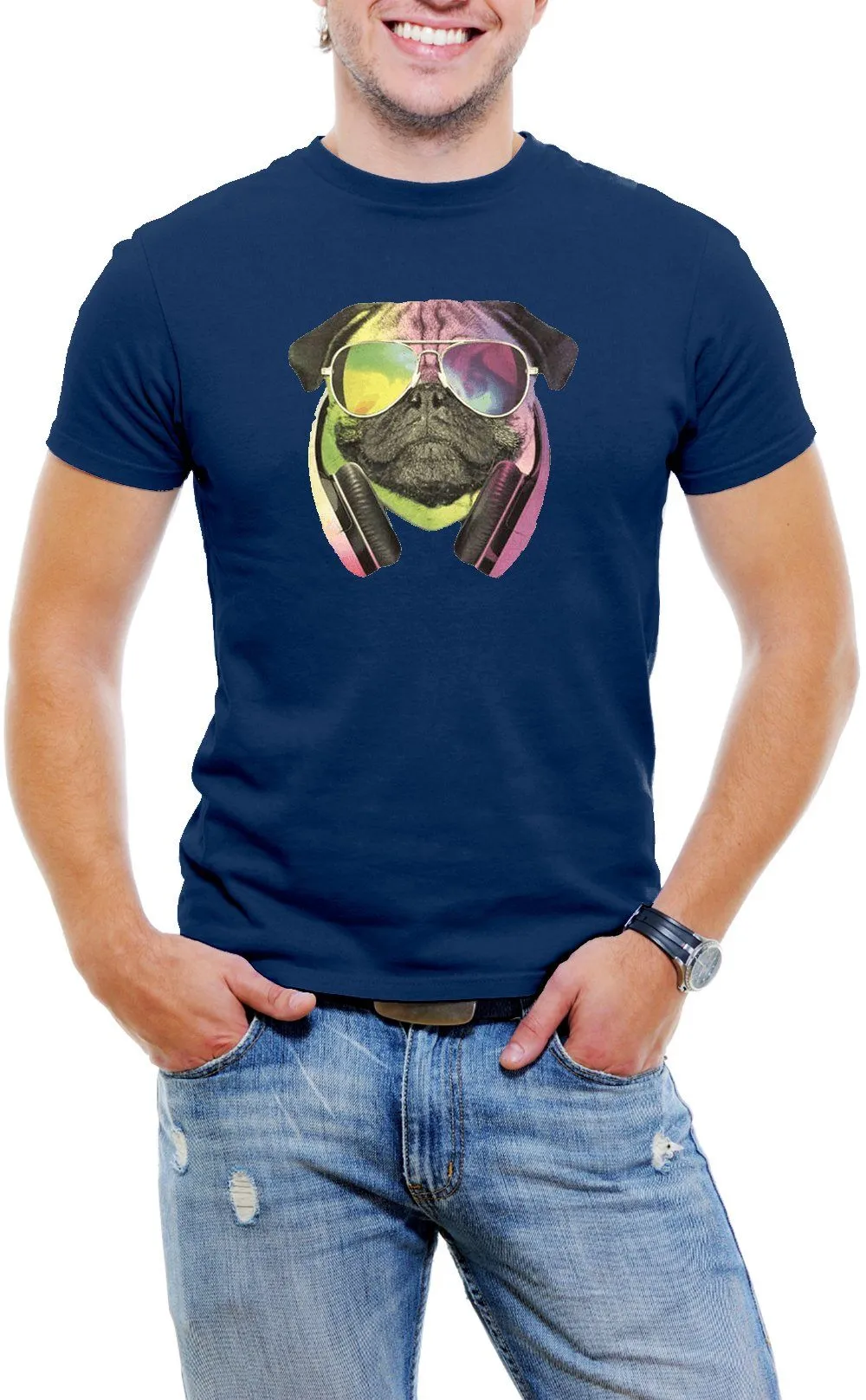 AFONiE Colorful D.J Pug Men T-Shirt Soft Cotton Short Sleeve Tee