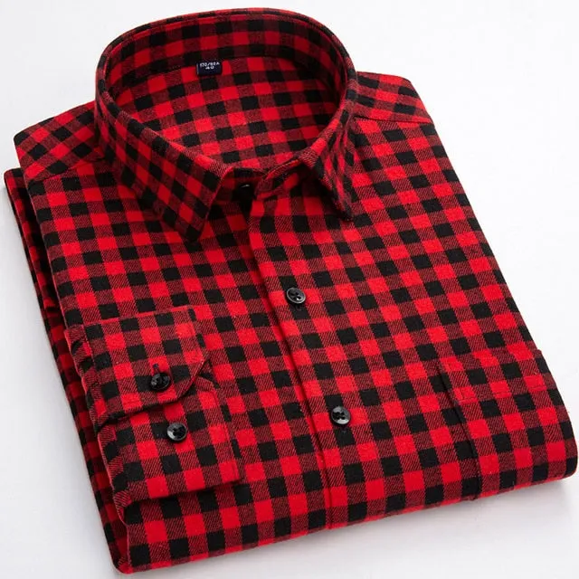 Aidase Men's Fashion 100% Cotton Brushed Flannel Striped Shirts Single Pocket Long Sleeve Youthful Soft Casual Plaid Checkered Shirt