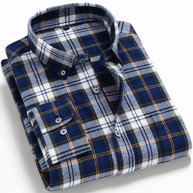 Aidase Men's Fashion 100% Cotton Brushed Flannel Striped Shirts Single Pocket Long Sleeve Youthful Soft Casual Plaid Checkered Shirt