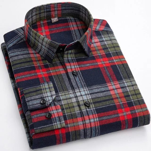 Aidase Men's Fashion 100% Cotton Brushed Flannel Striped Shirts Single Pocket Long Sleeve Youthful Soft Casual Plaid Checkered Shirt