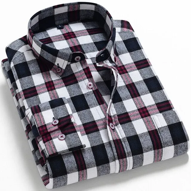 Aidase Men's Fashion 100% Cotton Brushed Flannel Striped Shirts Single Pocket Long Sleeve Youthful Soft Casual Plaid Checkered Shirt