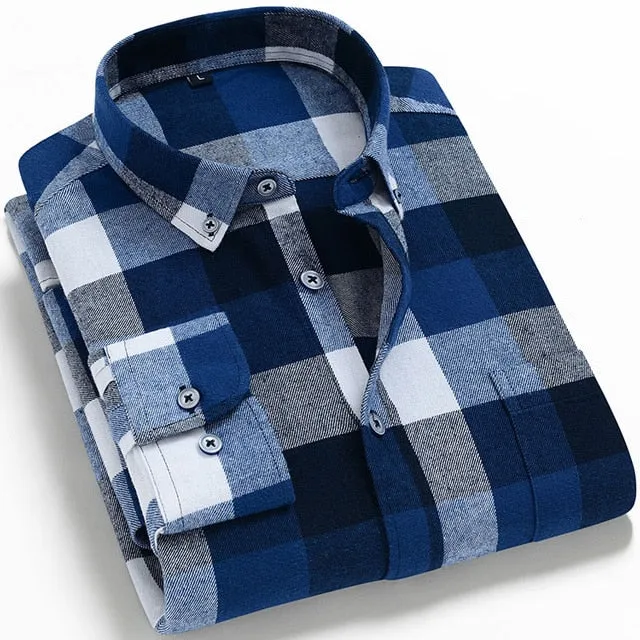 Aidase Men's Fashion 100% Cotton Brushed Flannel Striped Shirts Single Pocket Long Sleeve Youthful Soft Casual Plaid Checkered Shirt