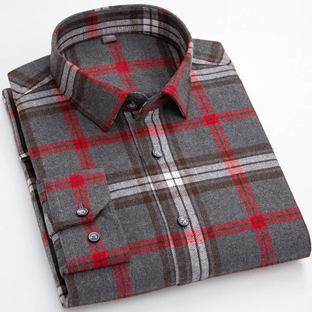 Aidase Men's Fashion 100% Cotton Brushed Flannel Striped Shirts Single Pocket Long Sleeve Youthful Soft Casual Plaid Checkered Shirt