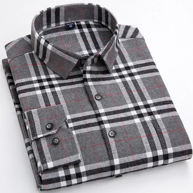 Aidase Men's Fashion 100% Cotton Brushed Flannel Striped Shirts Single Pocket Long Sleeve Youthful Soft Casual Plaid Checkered Shirt