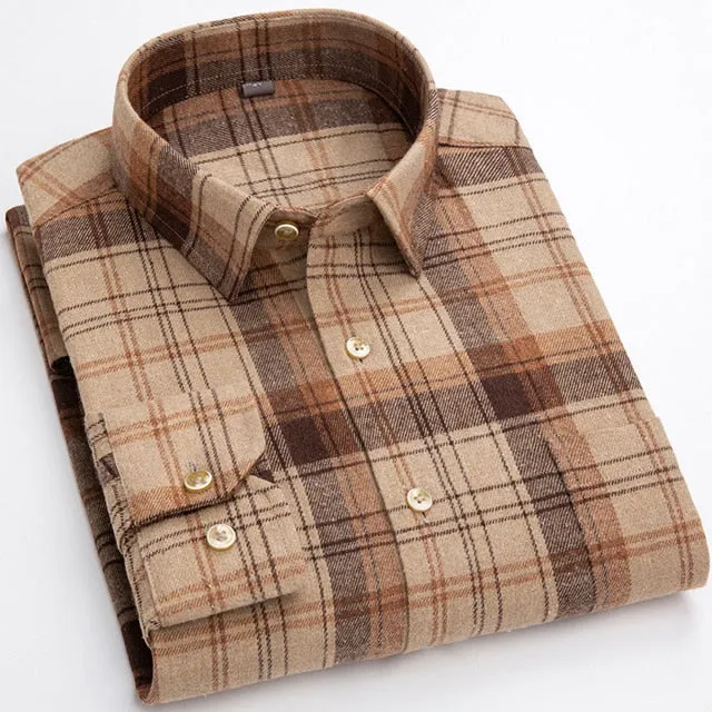 Aidase Men's Fashion 100% Cotton Brushed Flannel Striped Shirts Single Pocket Long Sleeve Youthful Soft Casual Plaid Checkered Shirt