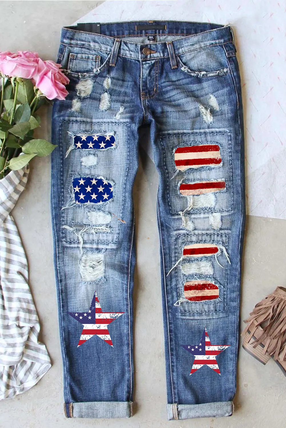 American Flag Patched Distressed Jeans