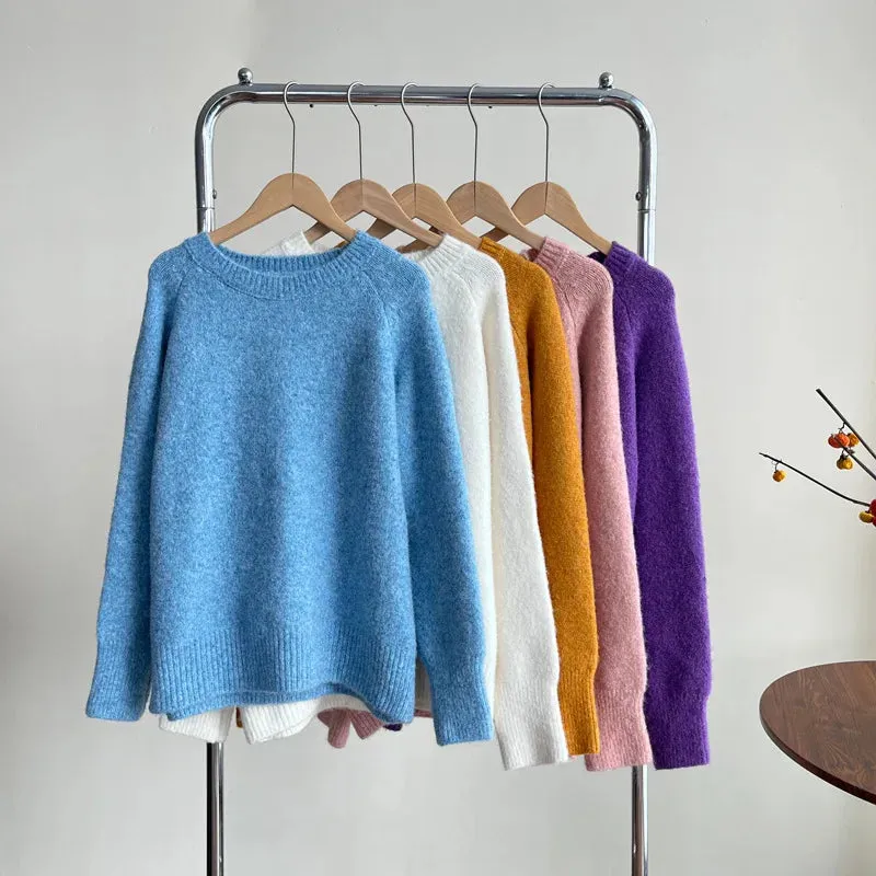 Amozae-Autumn Casual Outfits Amozae-2024 Winter Casual Fuzzy Mohair Solid Sweater Long Sleeve Warm Knit Pullovers