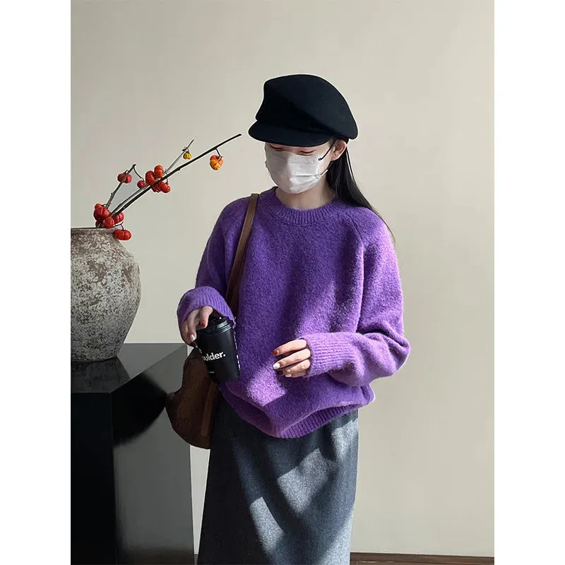 Amozae-Autumn Casual Outfits Amozae-2024 Winter Casual Fuzzy Mohair Solid Sweater Long Sleeve Warm Knit Pullovers