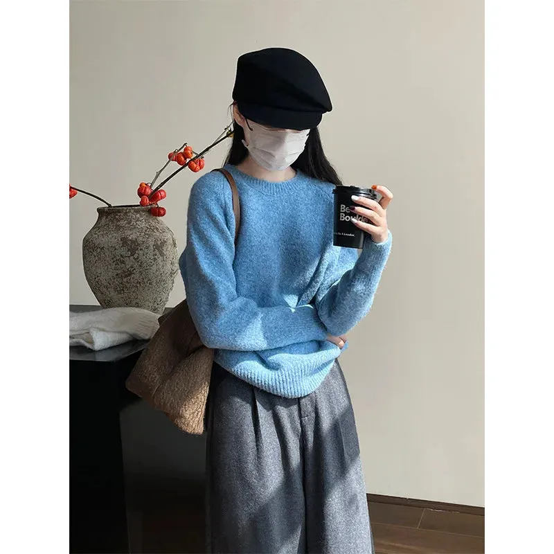 Amozae-Autumn Casual Outfits Amozae-2024 Winter Casual Fuzzy Mohair Solid Sweater Long Sleeve Warm Knit Pullovers