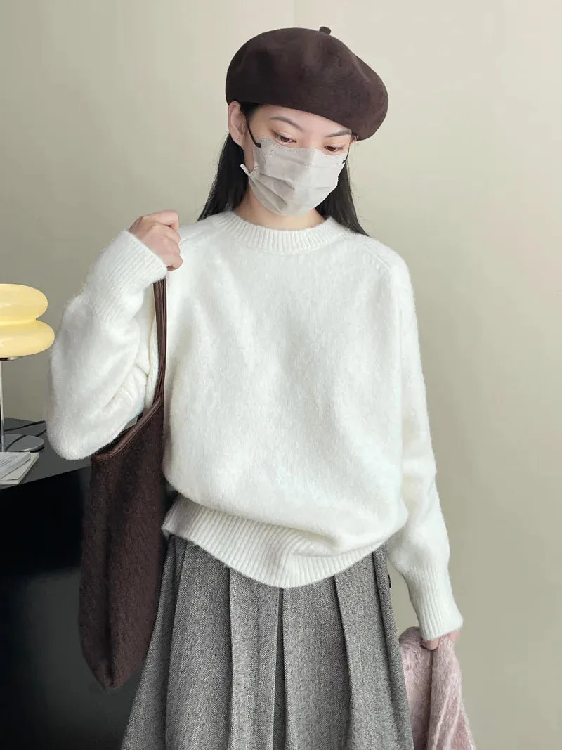 Amozae-Autumn Casual Outfits Amozae-2024 Winter Casual Fuzzy Mohair Solid Sweater Long Sleeve Warm Knit Pullovers