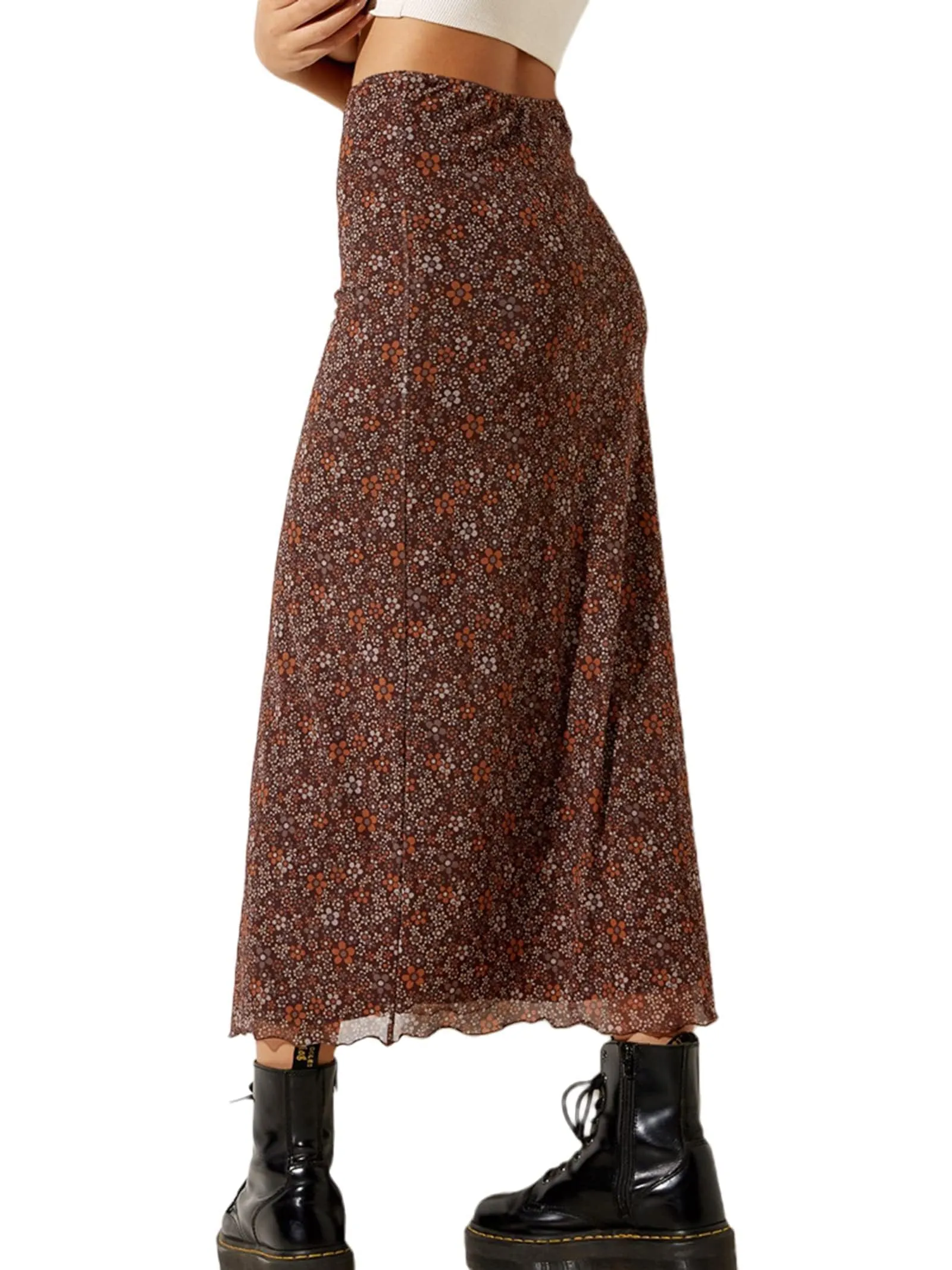 Avanova Women's Ditsy Floral High Waist Skirts Summer Lettuce Trim Boho A Line Midi Skirt A Brown Large