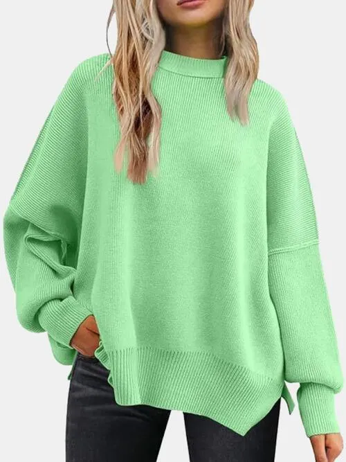 Cozy Chic Slit Accent Drop Shoulder Sweater