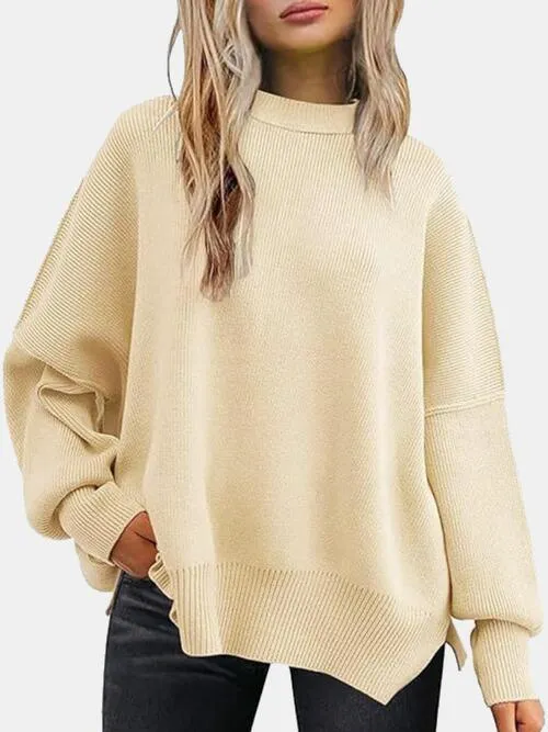 Cozy Chic Slit Accent Drop Shoulder Sweater