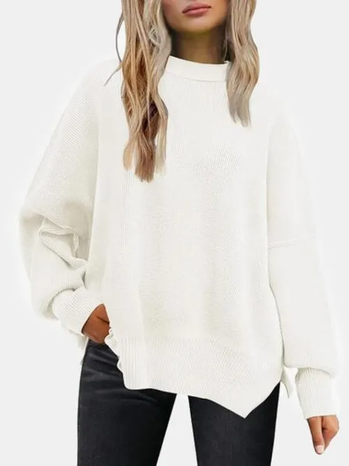 Cozy Chic Slit Accent Drop Shoulder Sweater