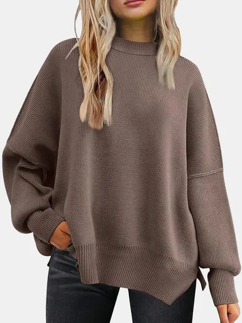 Cozy Chic Slit Accent Drop Shoulder Sweater