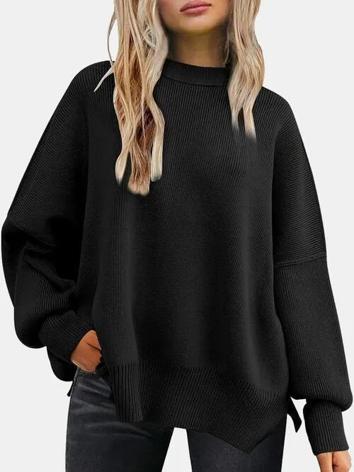 Cozy Chic Slit Accent Drop Shoulder Sweater