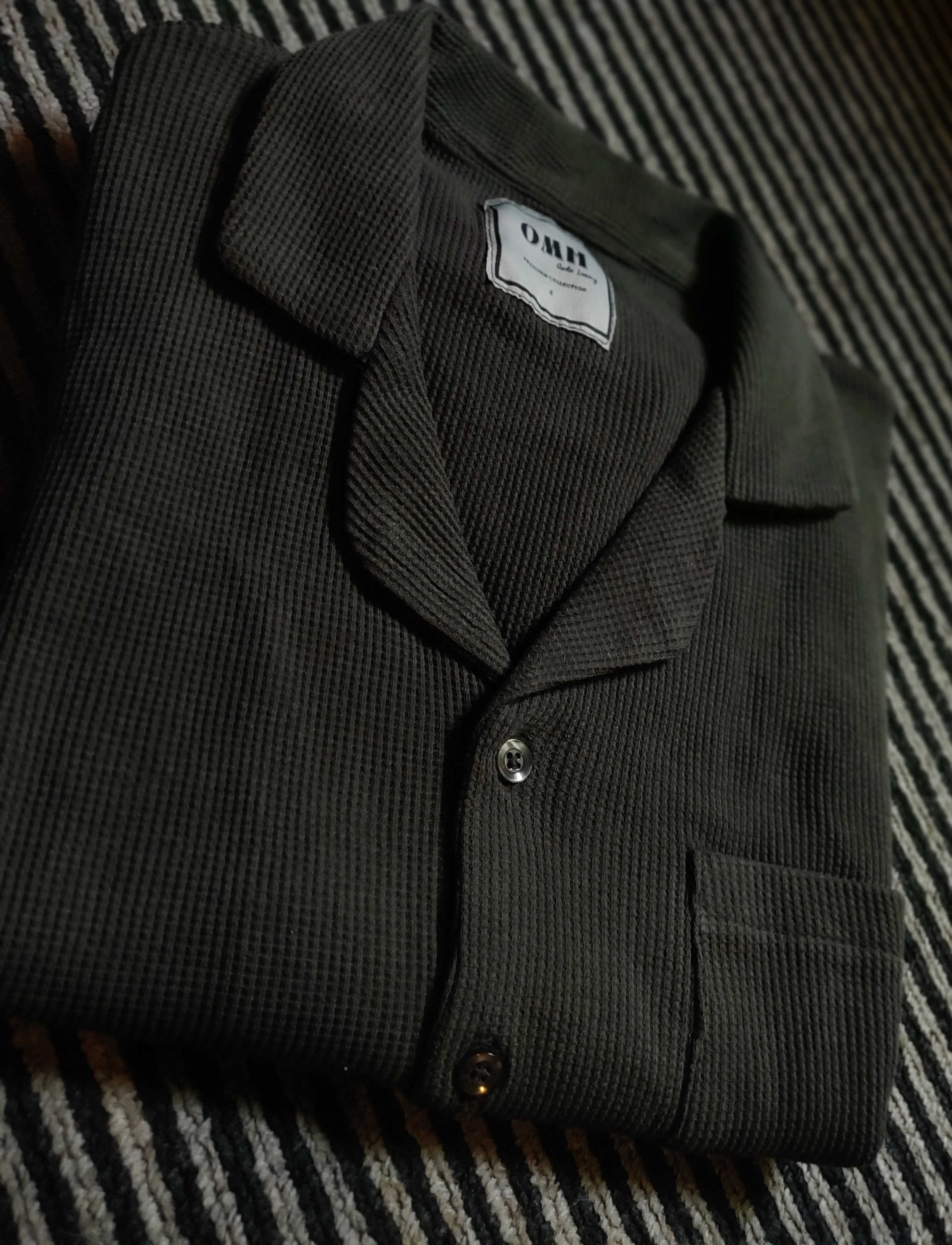 Dark Green Waffle Knitted Cuban Collar Shirt