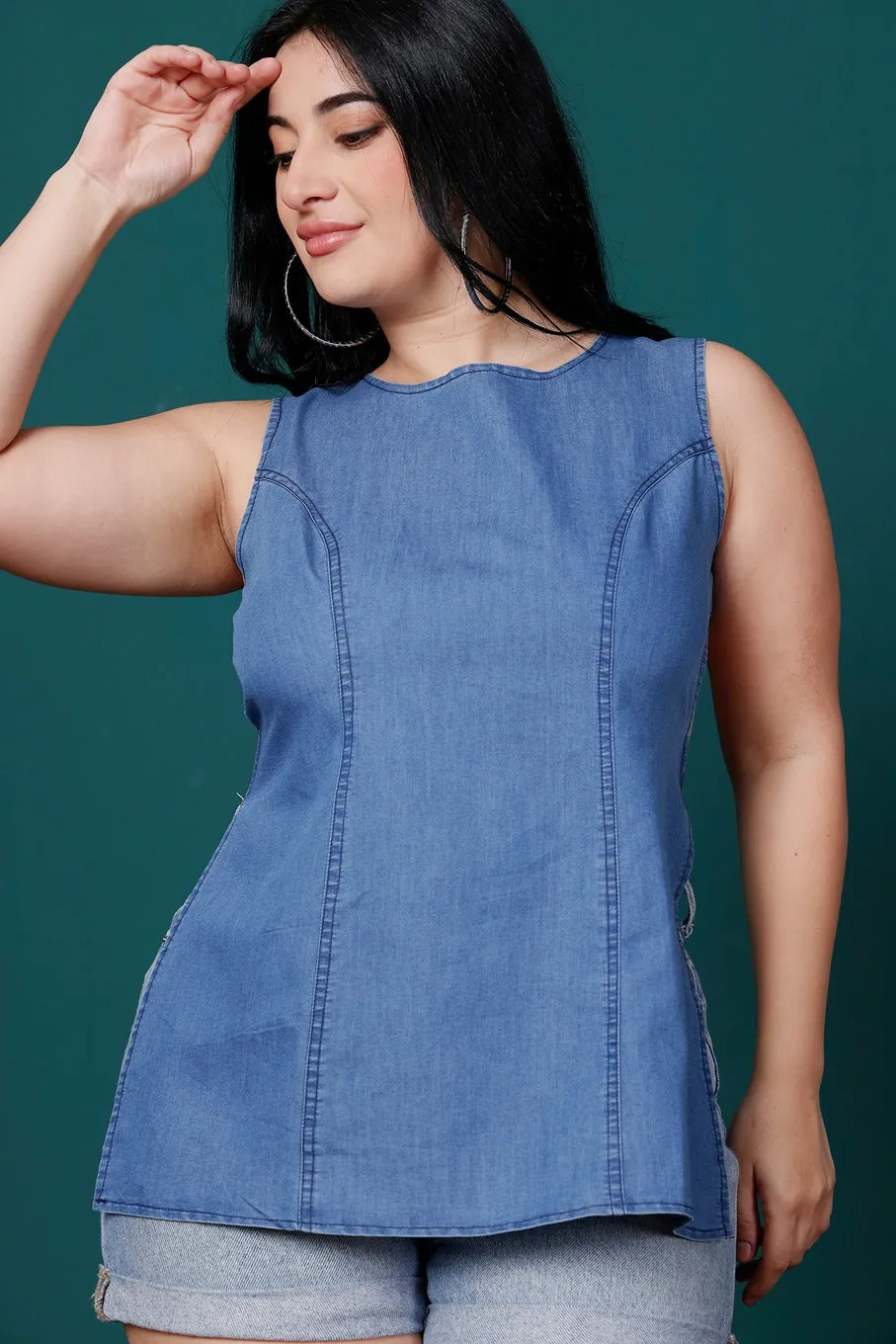 Denim Solid Short-Long Top