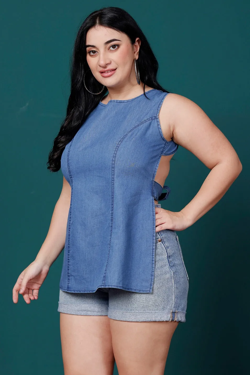 Denim Solid Short-Long Top