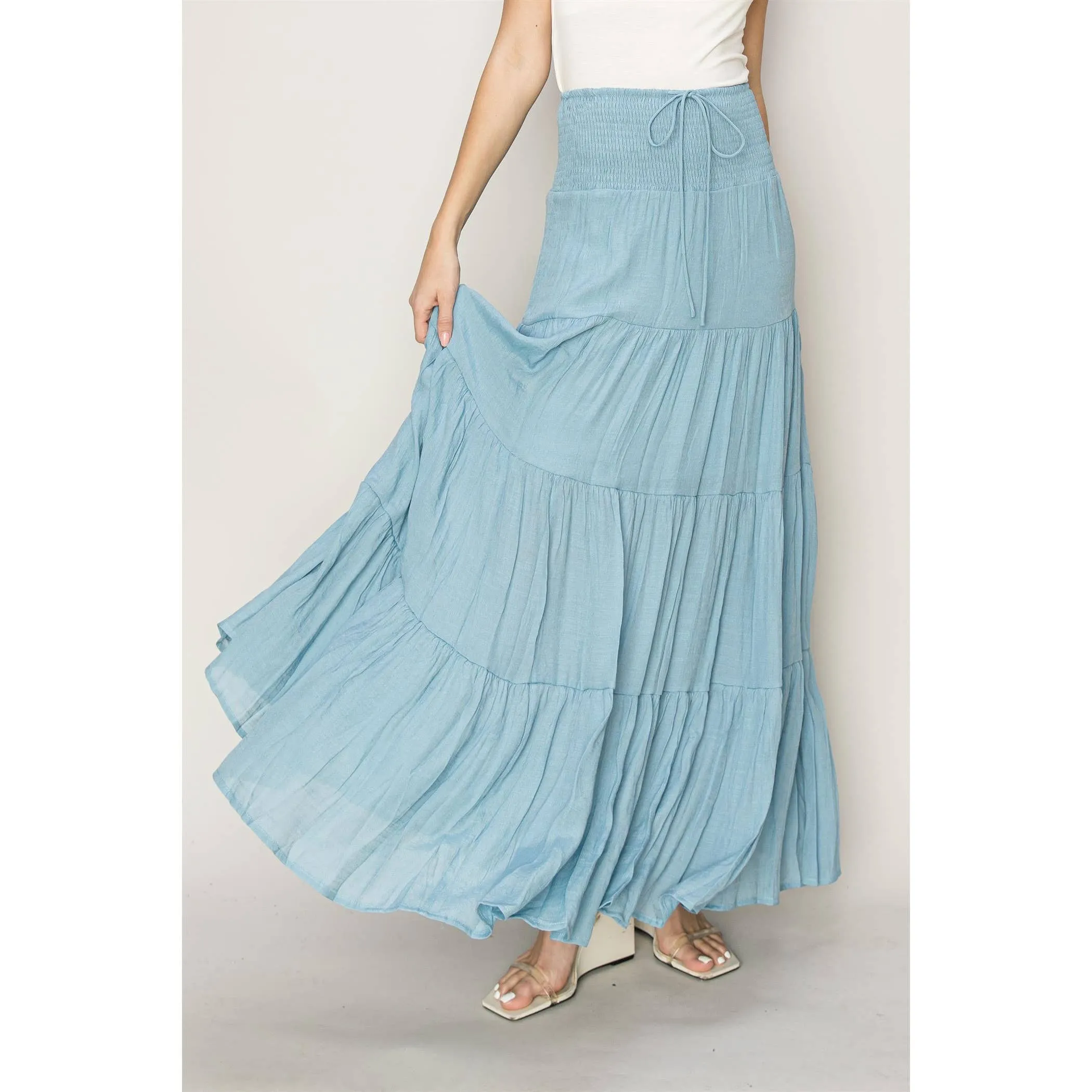 Drawstring Waist Tiered Maxi Skirt