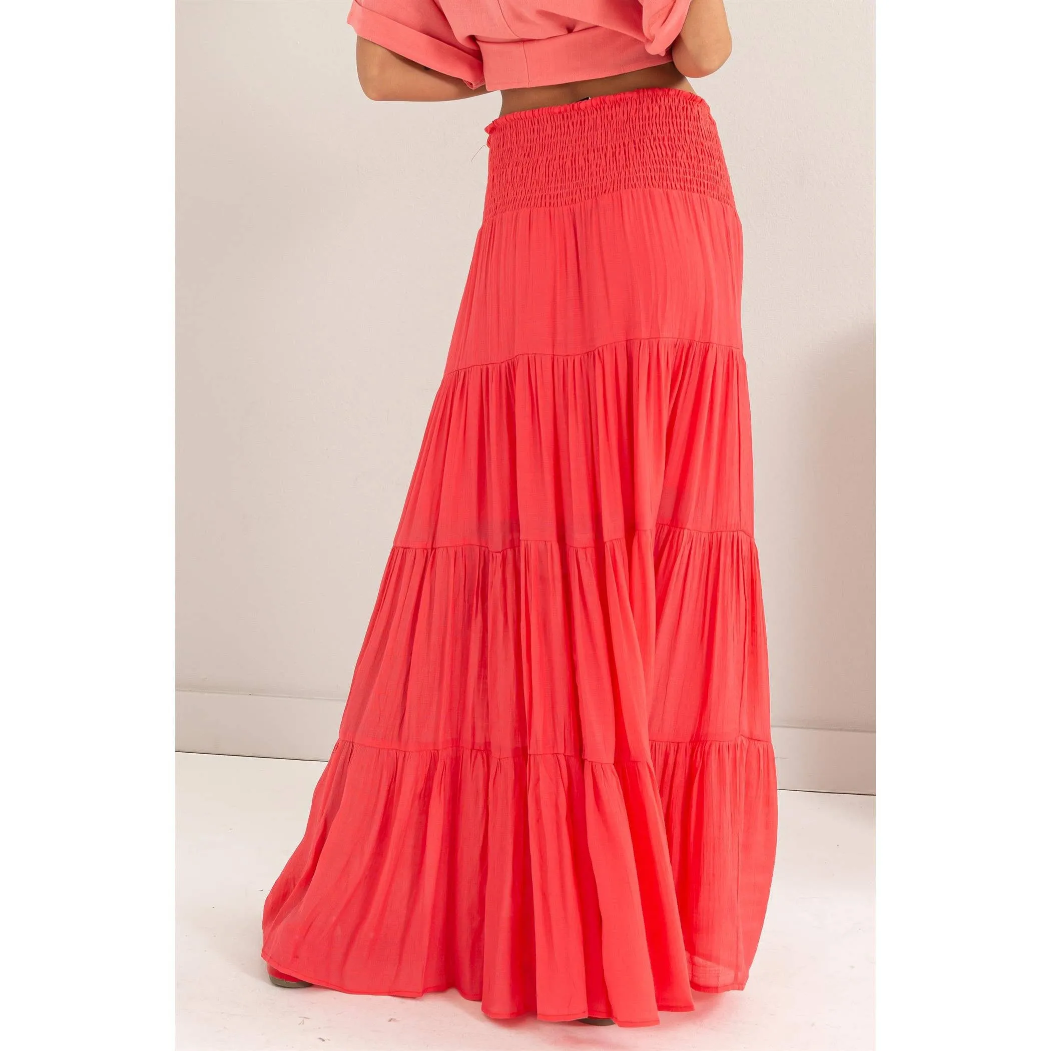 Drawstring Waist Tiered Maxi Skirt