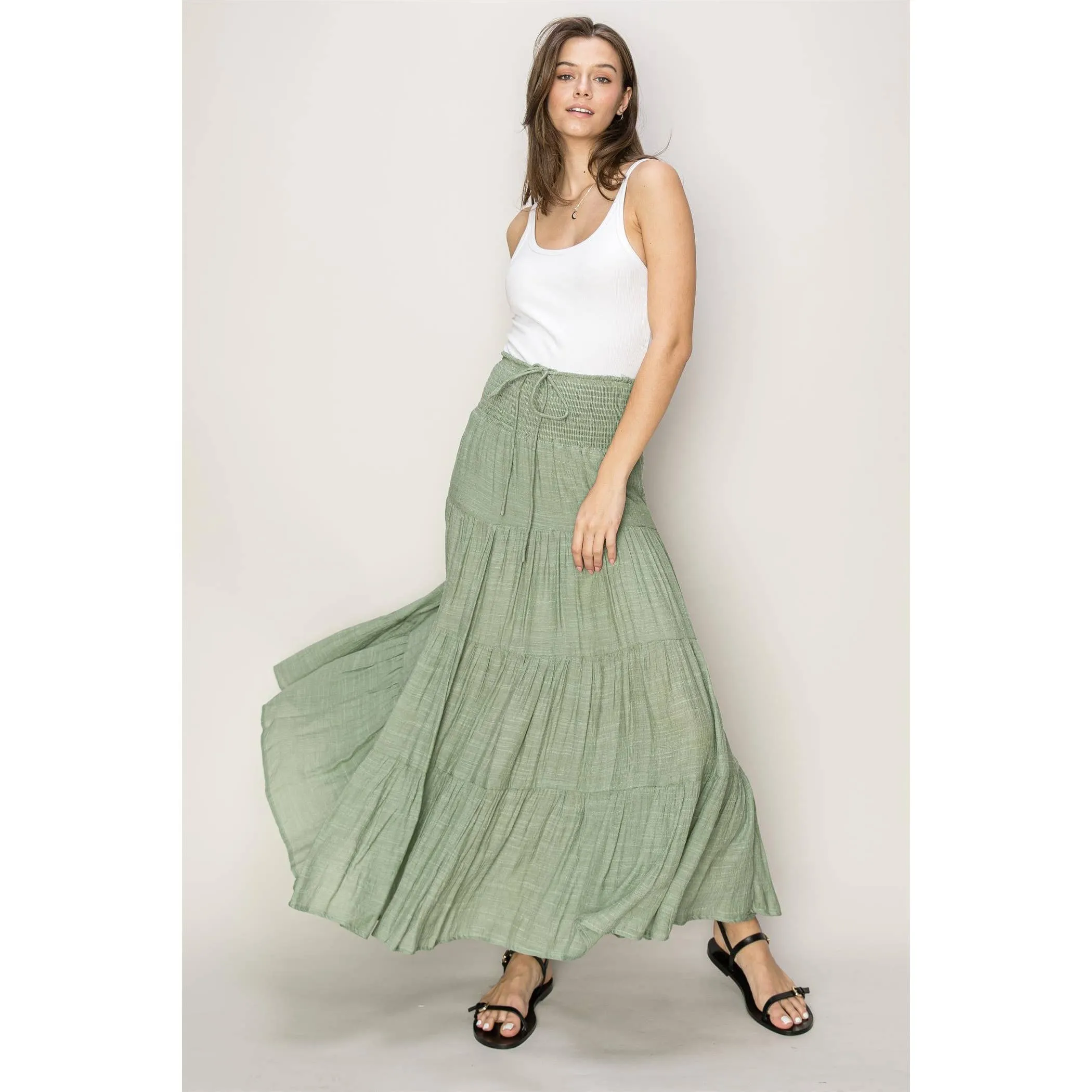 Drawstring Waist Tiered Maxi Skirt