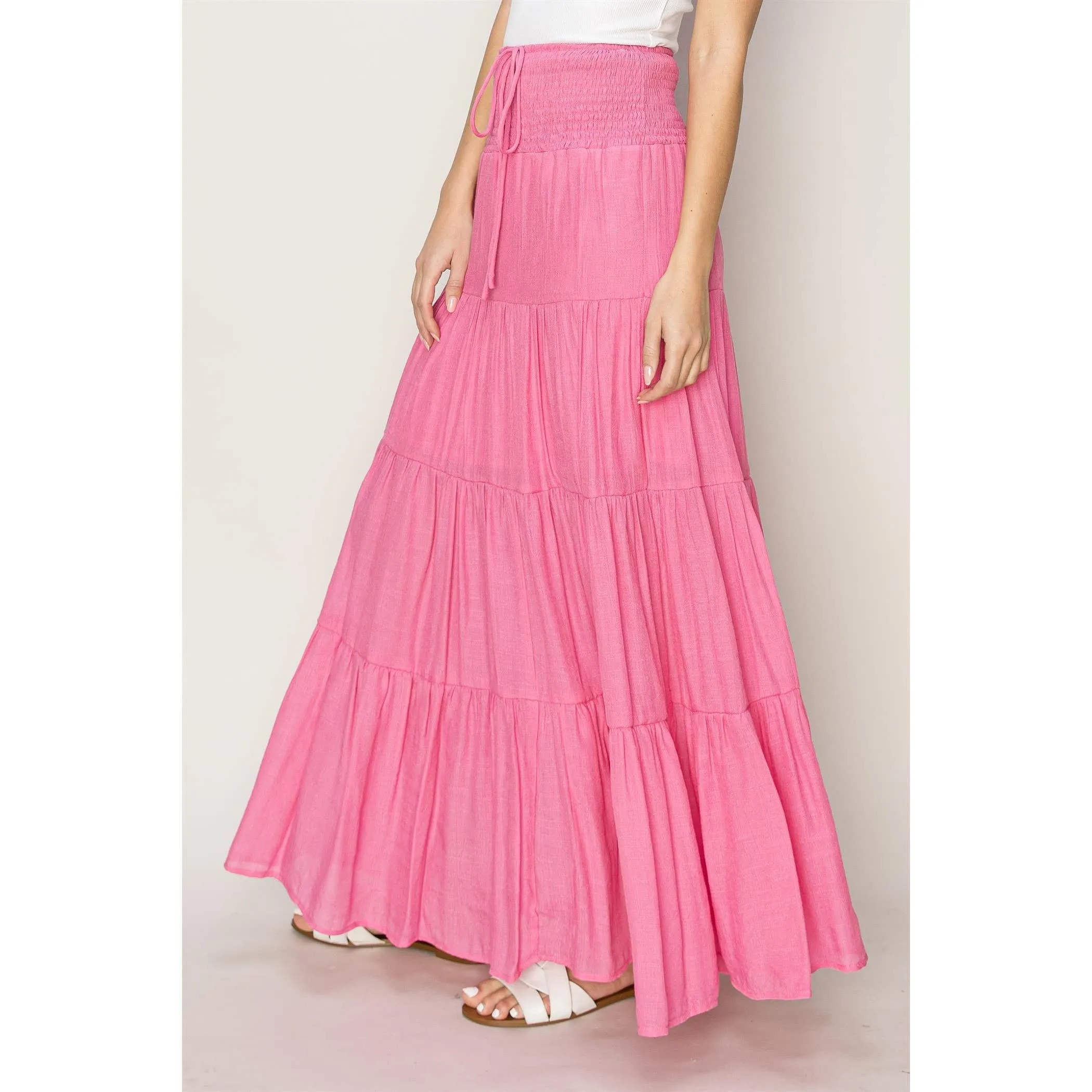 Drawstring Waist Tiered Maxi Skirt