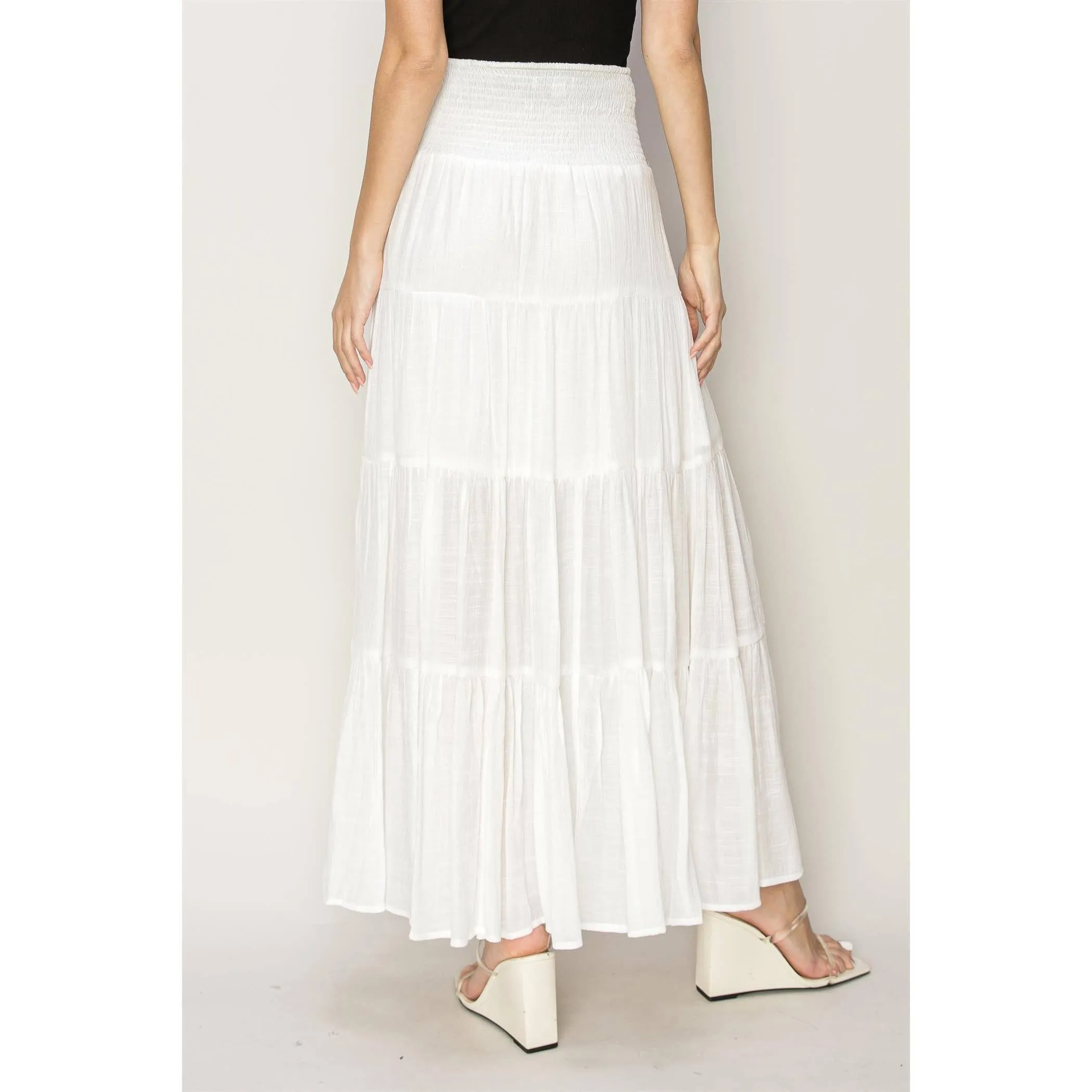 Drawstring Waist Tiered Maxi Skirt