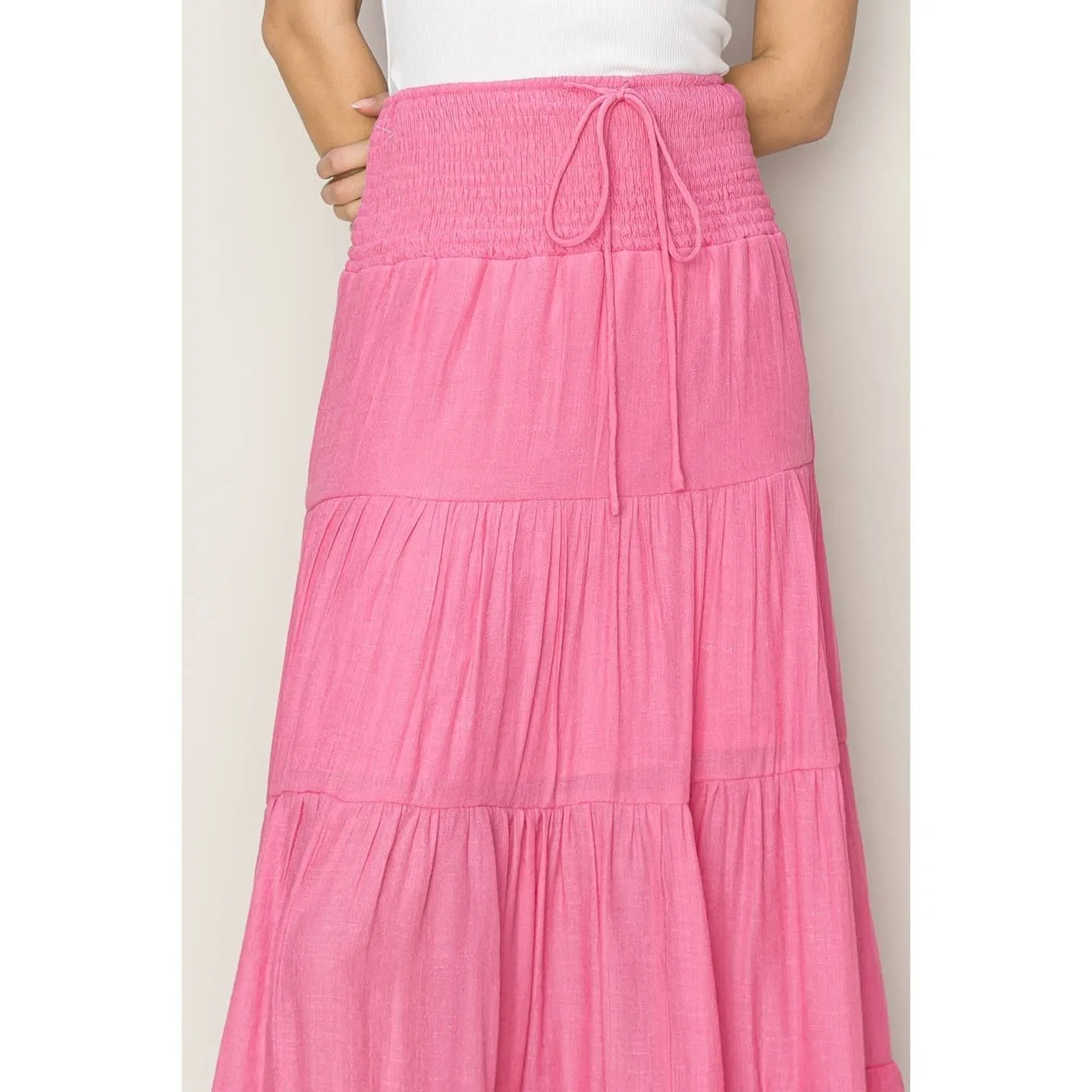 Drawstring Waist Tiered Maxi Skirt