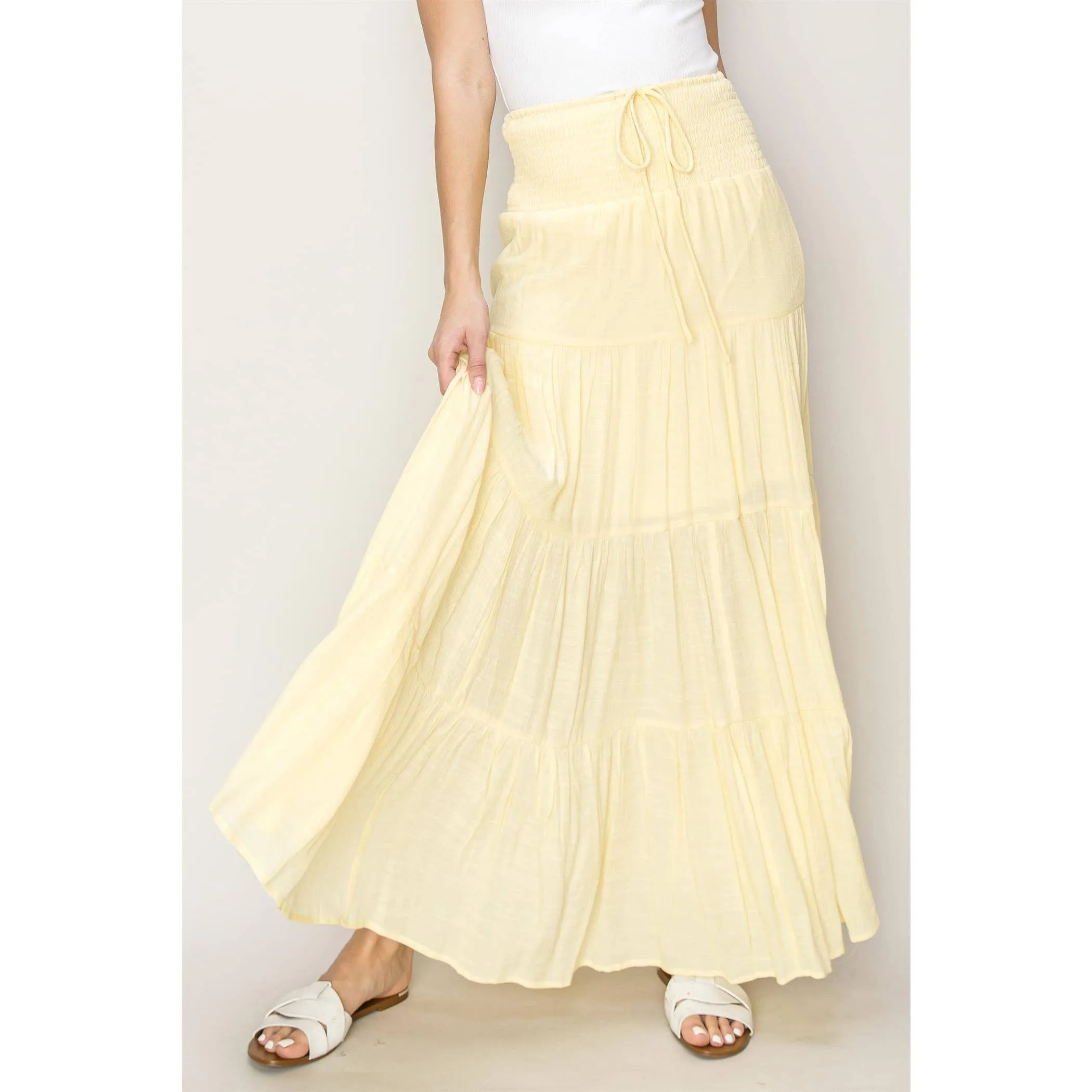 Drawstring Waist Tiered Maxi Skirt