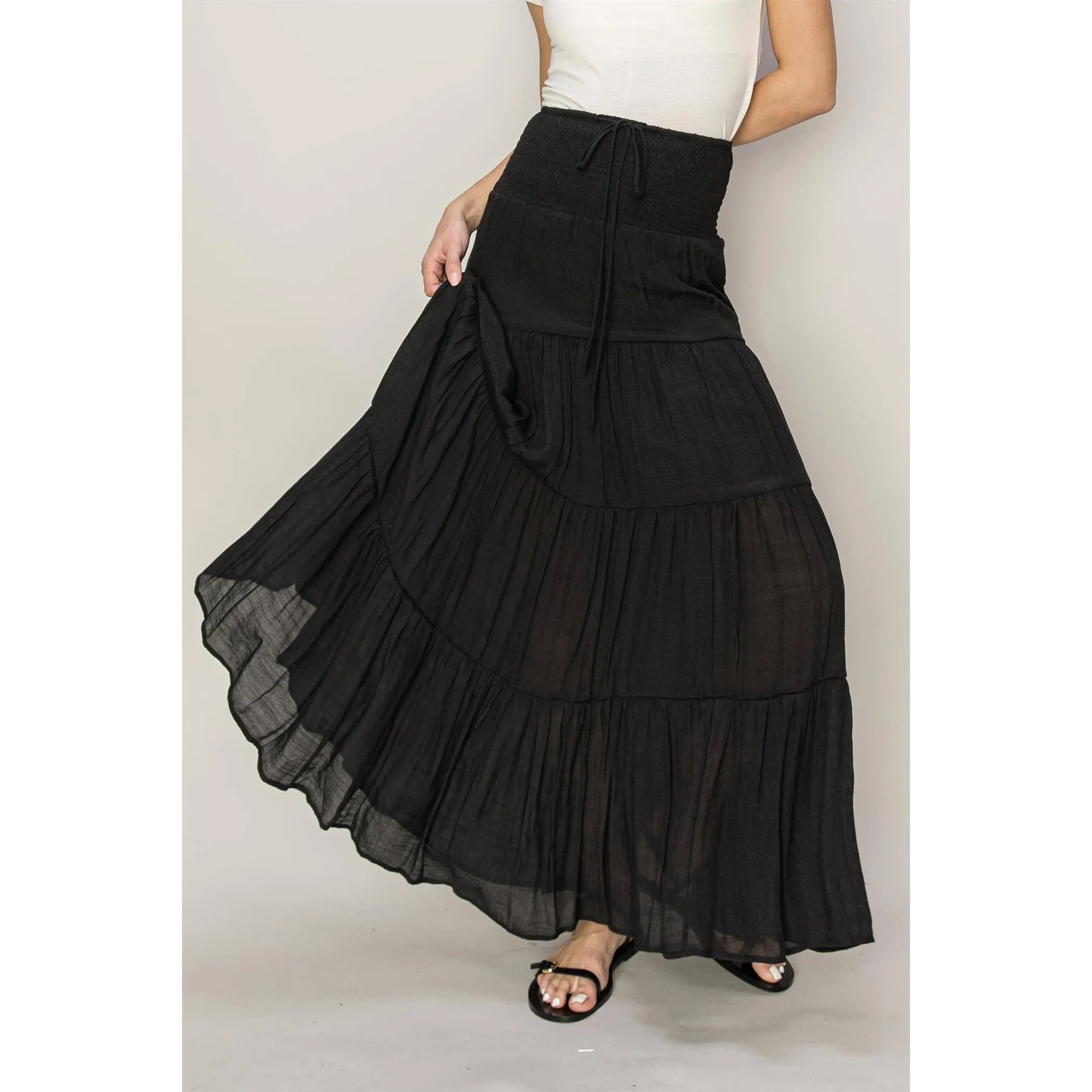 Drawstring Waist Tiered Maxi Skirt