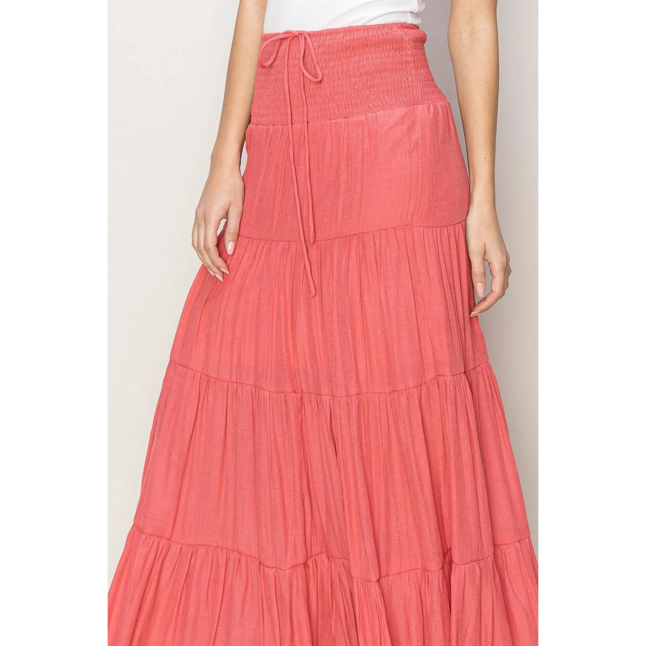 Drawstring Waist Tiered Maxi Skirt