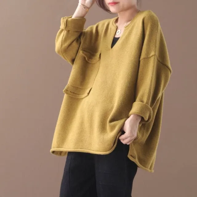 DressBetty - Female New Autumn and Winter Korean Style Plus Size Literary Small V-neck Single-pocket Primer Casual Sweater Outerwear