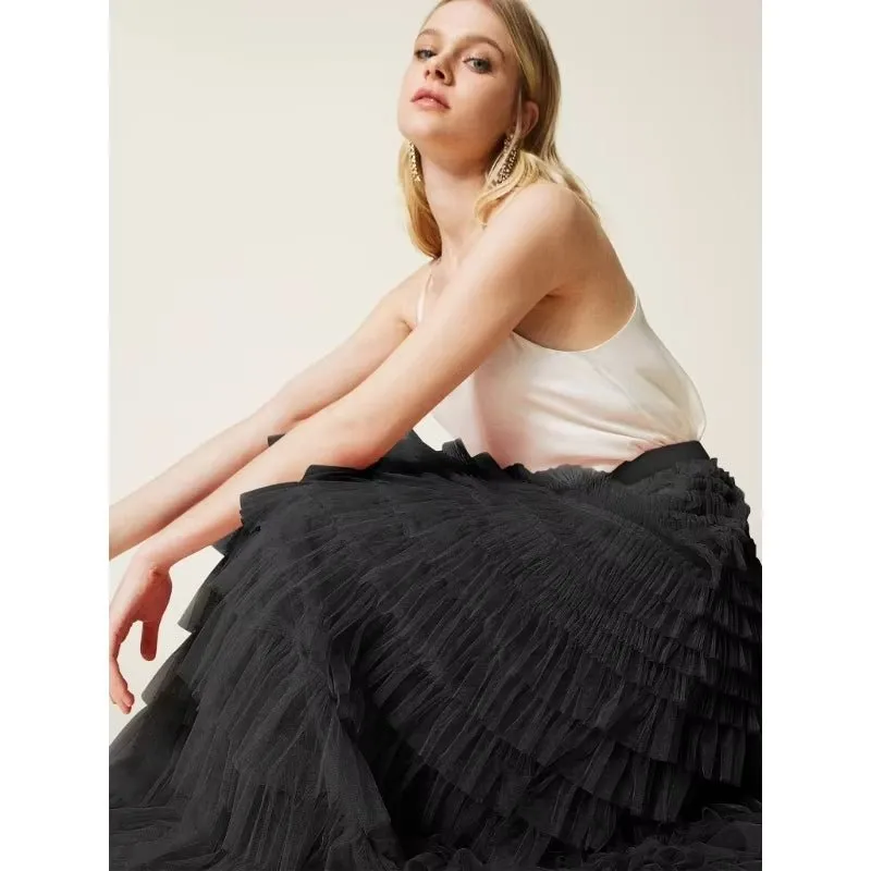 FAIRYTALE TIERED RUFFLE TULLE MESH SKIRT BLACK