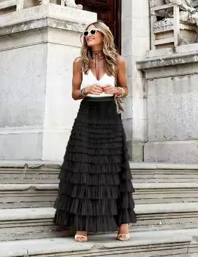 FAIRYTALE TIERED RUFFLE TULLE MESH SKIRT BLACK