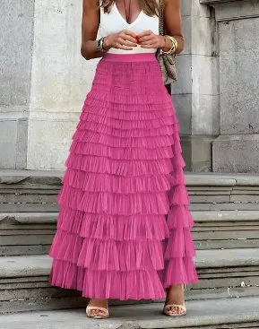 FAIRYTALE TIERED RUFFLE TULLE MESH SKIRT HOT PINK