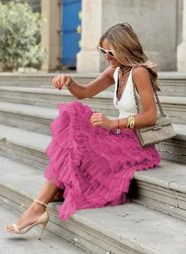 FAIRYTALE TIERED RUFFLE TULLE MESH SKIRT HOT PINK