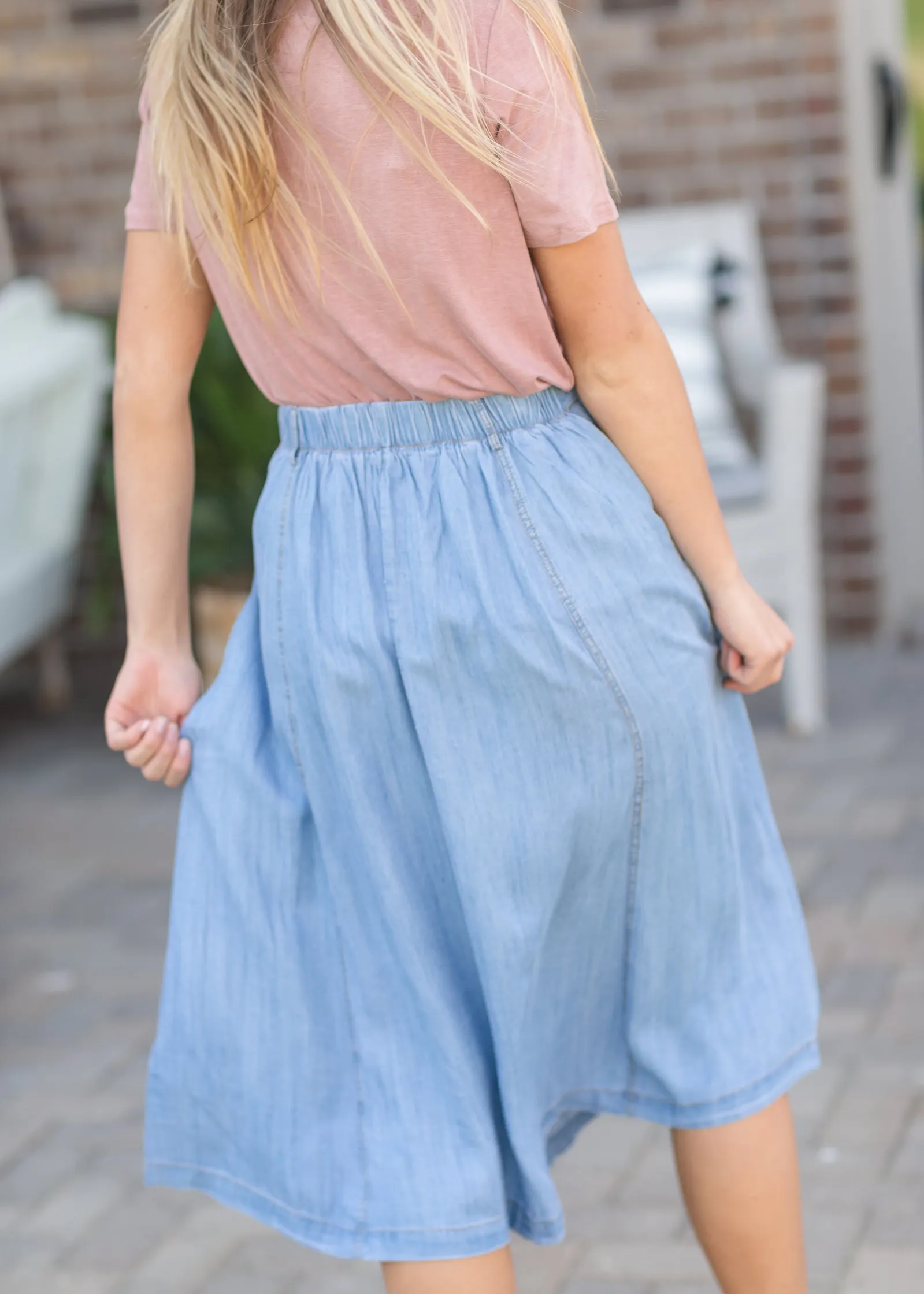 Faux Button Flowy Chambray Midi Skirt