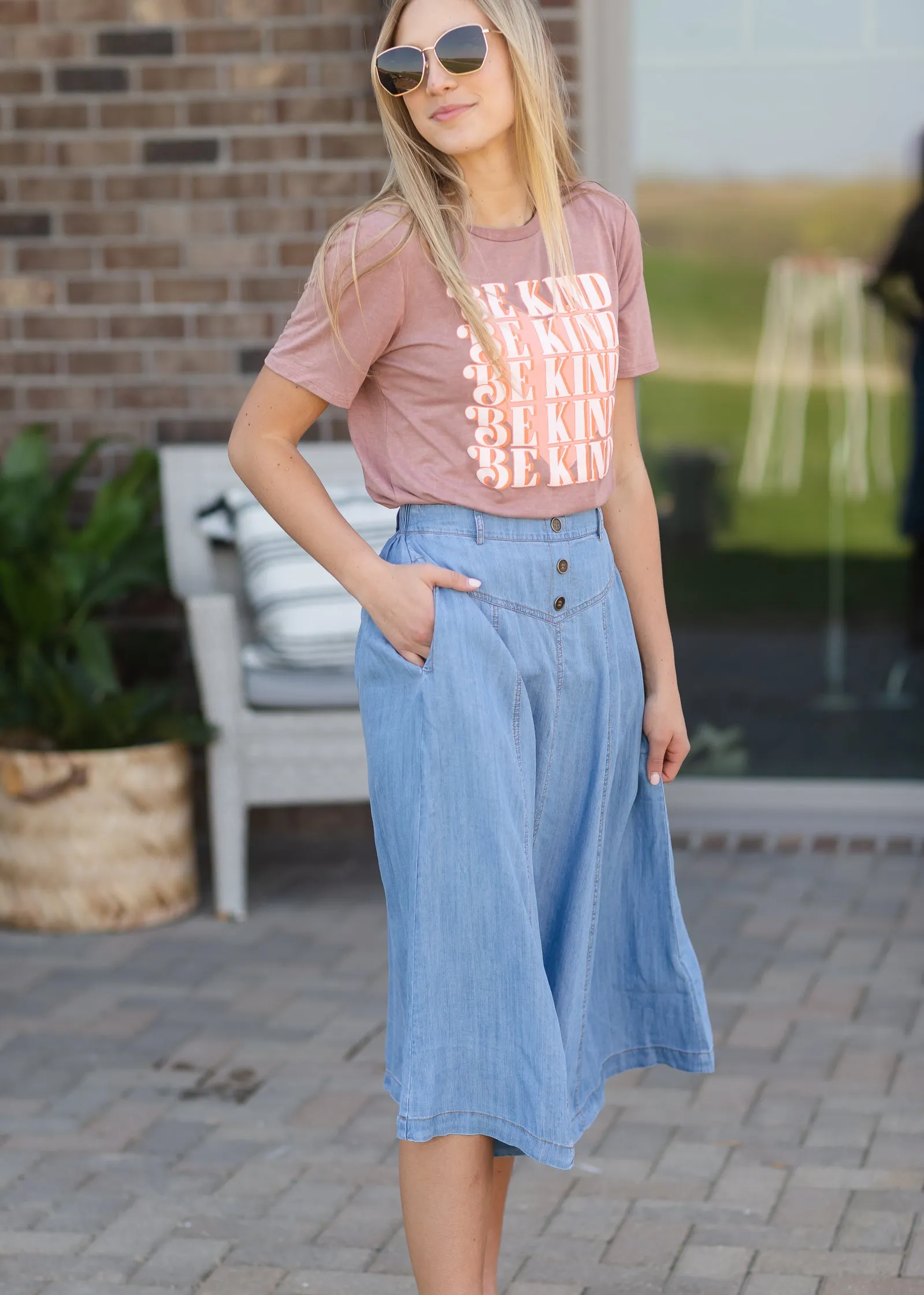 Faux Button Flowy Chambray Midi Skirt