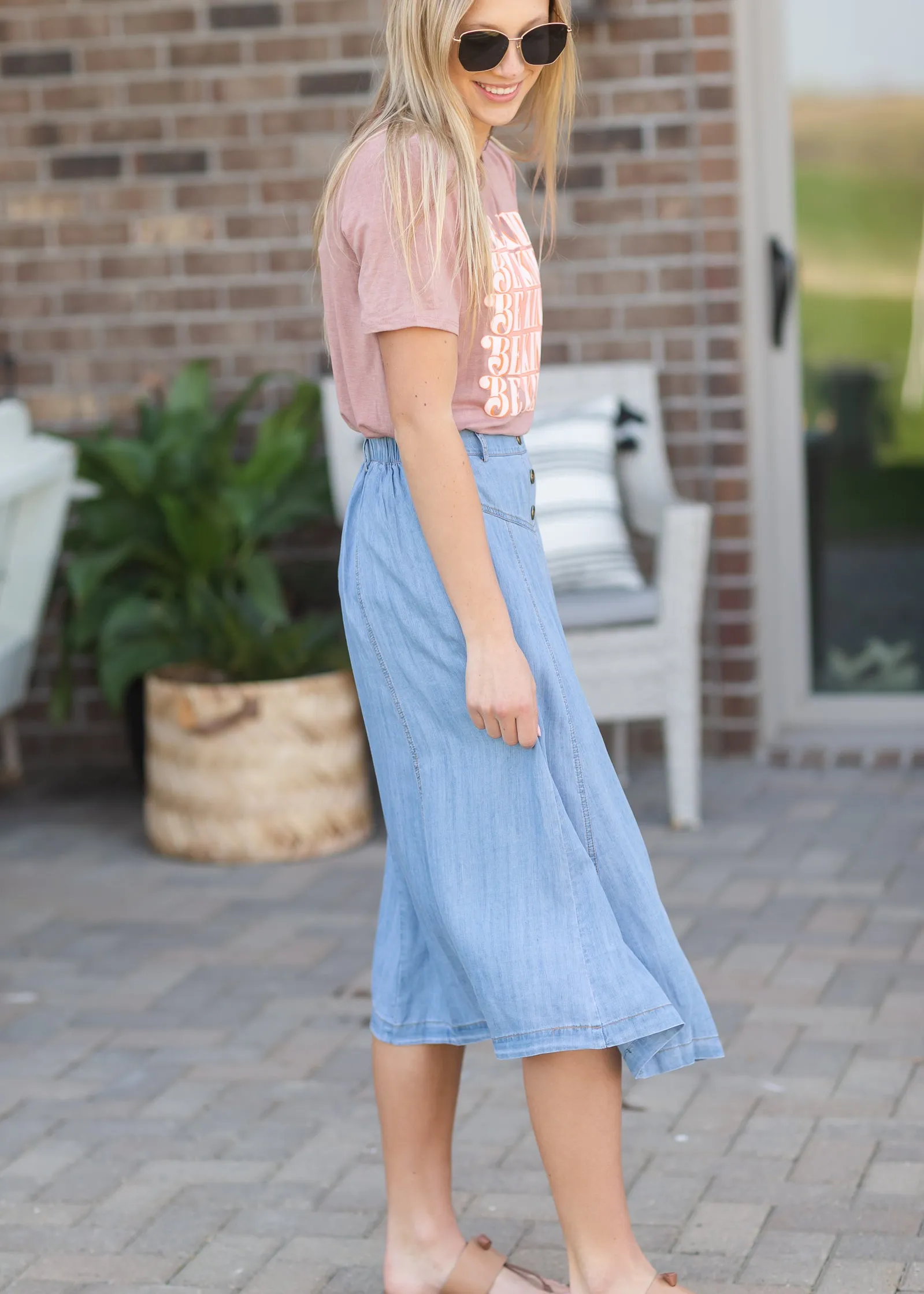 Faux Button Flowy Chambray Midi Skirt