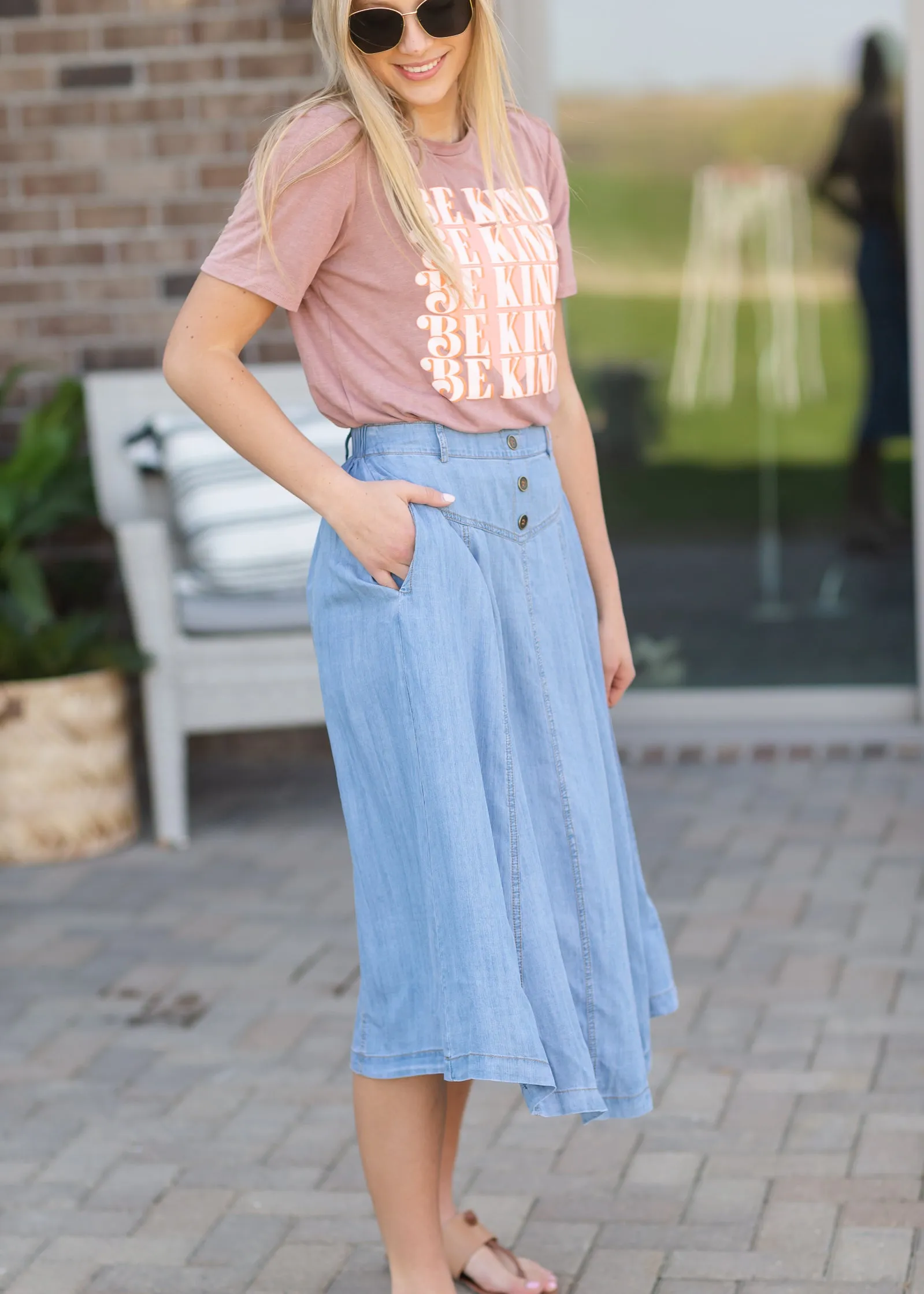 Faux Button Flowy Chambray Midi Skirt