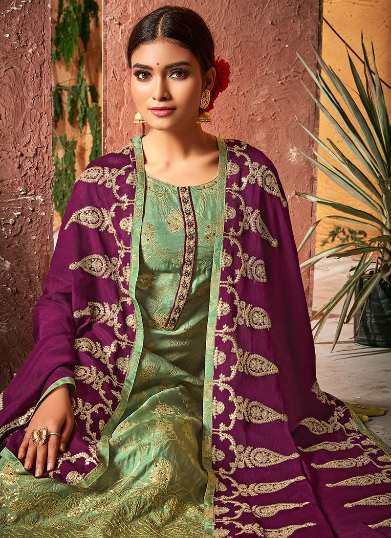 Green And Purple Traditional Sequence Embroidery Palazzo Suit