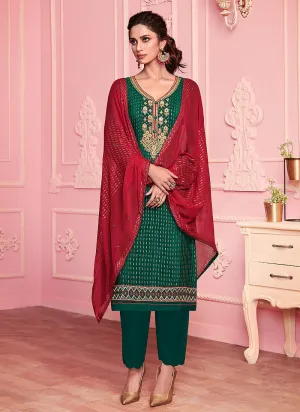 Green And Red Designer Pakistani Pant Suit