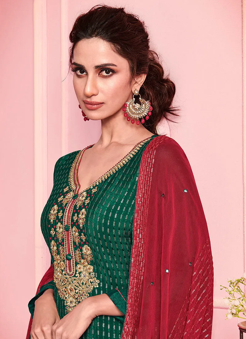 Green And Red Designer Pakistani Pant Suit