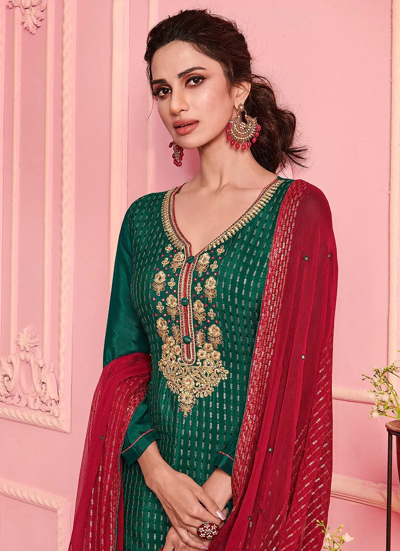 Green And Red Designer Pakistani Pant Suit