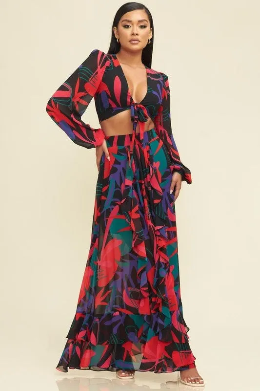 Key West Two Piece Long Sleeve Red Tropical Maxi Skirt Set