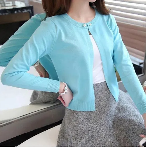 lollas New Solid Color Fashion Women Sweater Female Cardigan Thin Outerwear Summer Short Design Knit Long-sleeve Sweater